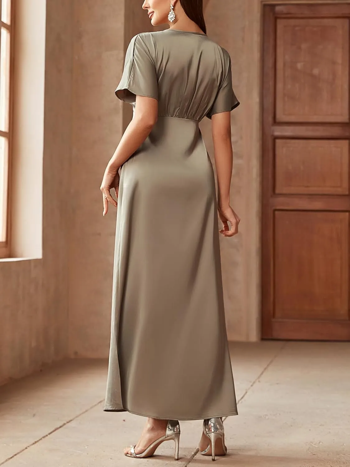 Women's 2025 Satin Dress Elegant Deep V Neck Flutter Sleeve A-Line Gown Cocktail Party Maxi Dresses