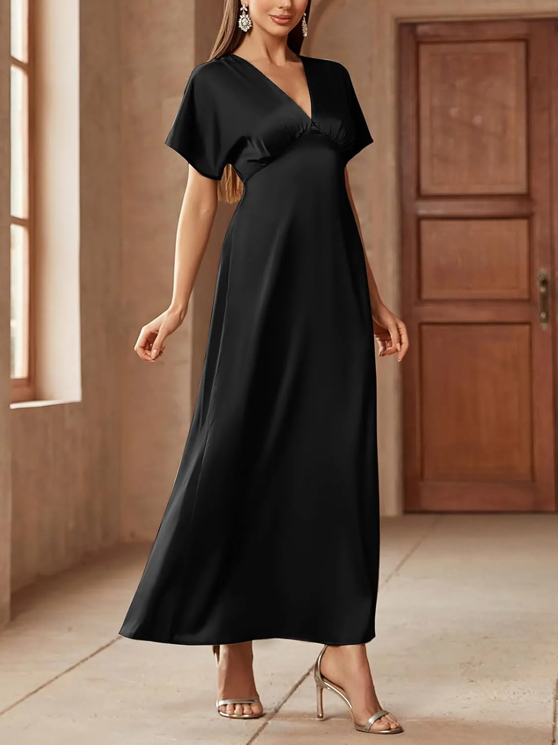 Women's 2025 Satin Dress Elegant Deep V Neck Flutter Sleeve A-Line Gown Cocktail Party Maxi Dresses