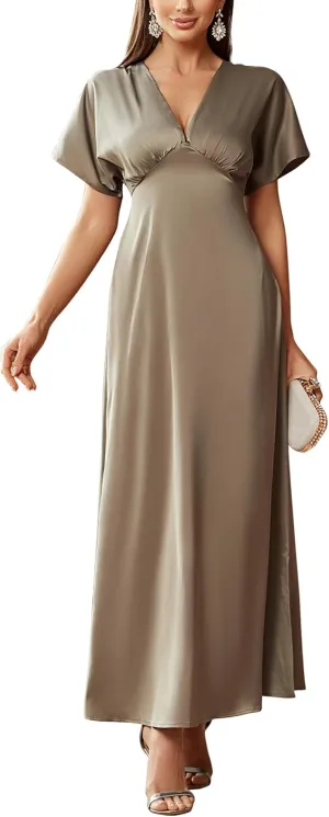 Women's 2025 Satin Dress Elegant Deep V Neck Flutter Sleeve A-Line Gown Cocktail Party Maxi Dresses