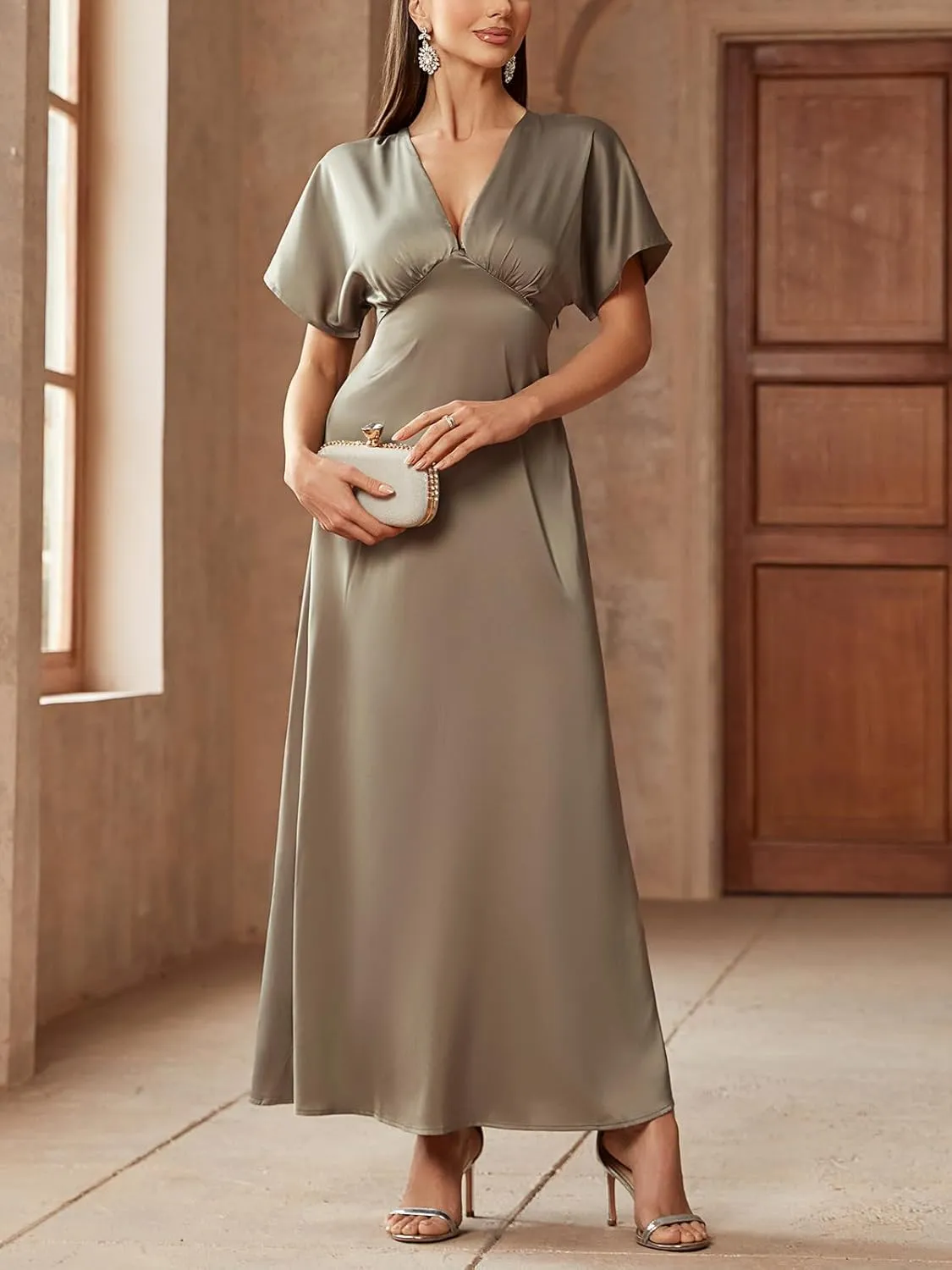 Women's 2025 Satin Dress Elegant Deep V Neck Flutter Sleeve A-Line Gown Cocktail Party Maxi Dresses