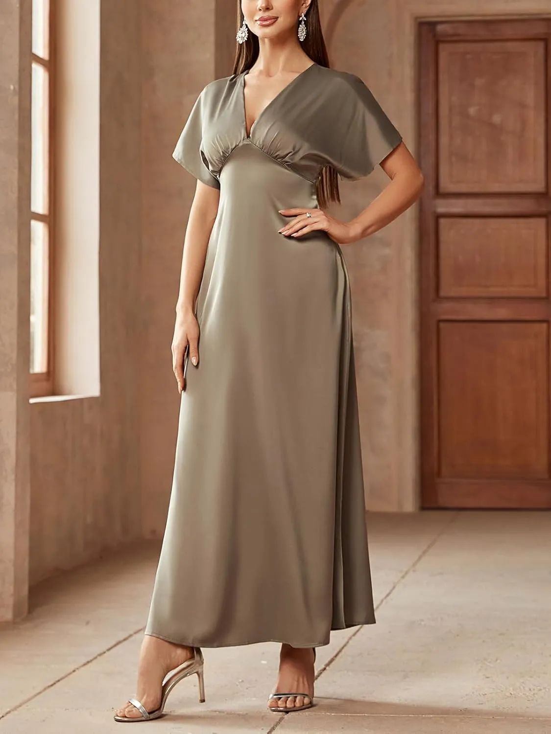 Women's 2025 Satin Dress Elegant Deep V Neck Flutter Sleeve A-Line Gown Cocktail Party Maxi Dresses
