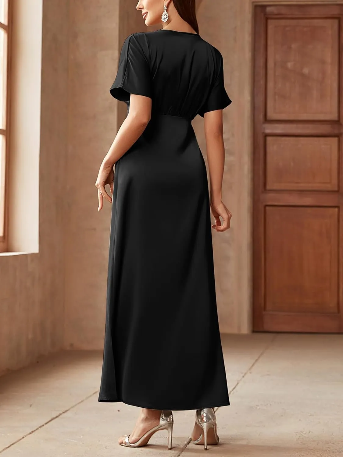 Women's 2025 Satin Dress Elegant Deep V Neck Flutter Sleeve A-Line Gown Cocktail Party Maxi Dresses