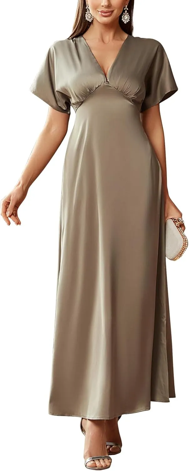 Women's 2025 Satin Dress Elegant Deep V Neck Flutter Sleeve A-Line Gown Cocktail Party Maxi Dresses