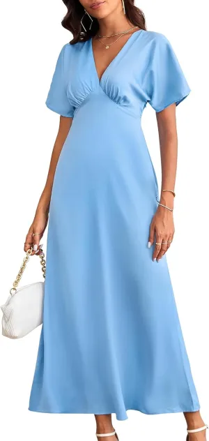 Women's 2025 Satin Dress Elegant Deep V Neck Flutter Sleeve A-Line Gown Cocktail Party Maxi Dresses