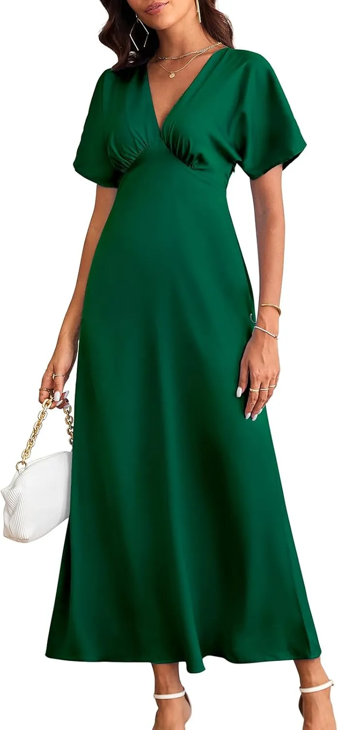 Women's 2025 Satin Dress Elegant Deep V Neck Flutter Sleeve A-Line Gown Cocktail Party Maxi Dresses