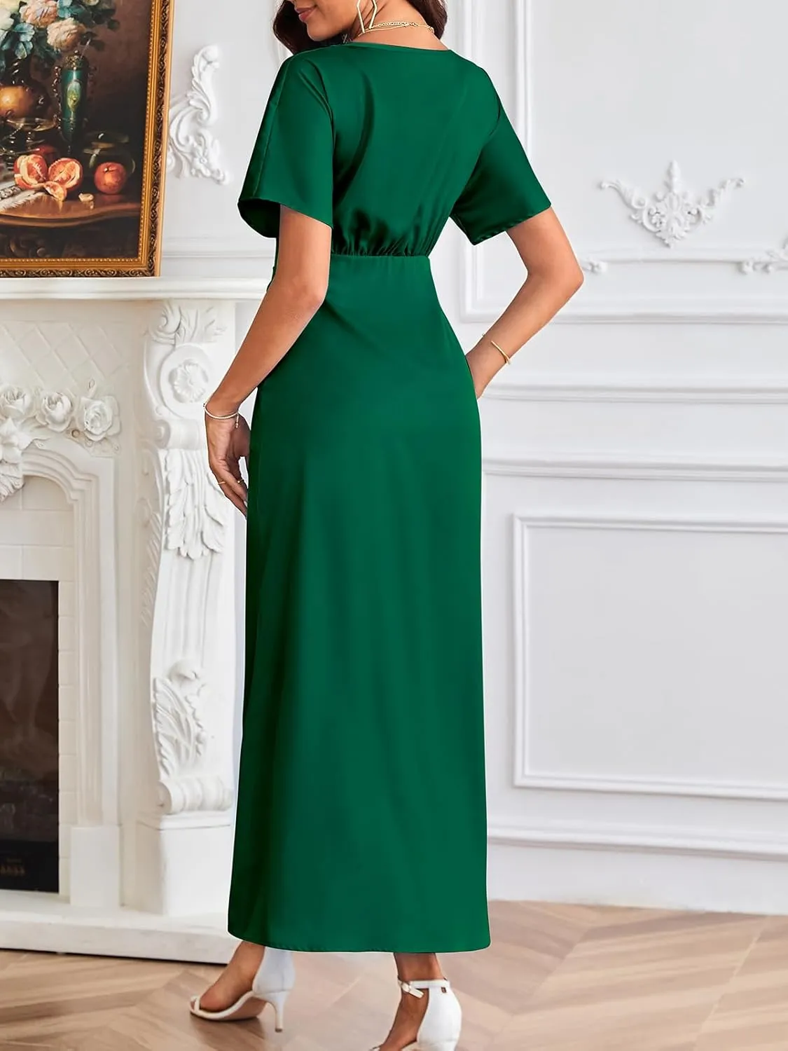 Women's 2025 Satin Dress Elegant Deep V Neck Flutter Sleeve A-Line Gown Cocktail Party Maxi Dresses