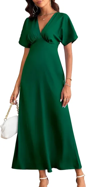 Women's 2025 Satin Dress Elegant Deep V Neck Flutter Sleeve A-Line Gown Cocktail Party Maxi Dresses