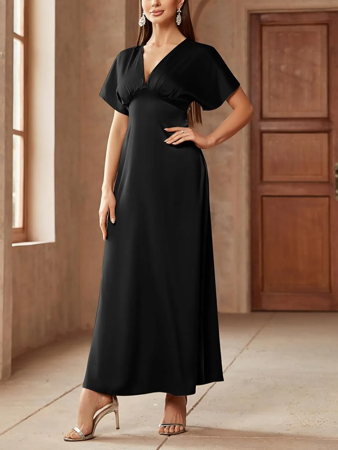 Women's 2025 Satin Dress Elegant Deep V Neck Flutter Sleeve A-Line Gown Cocktail Party Maxi Dresses