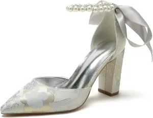 Women's Chunky Block Heel Pumps Floral Satin Closed Toe Wedding Shoes for Bride Pearls Dress Shoes Sandals