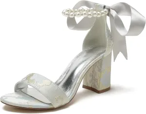 Women's Chunky Block Heel Pumps Open Toe Floral Satin Wedding Shoes for Bride Pearls Dress Shoes Heels