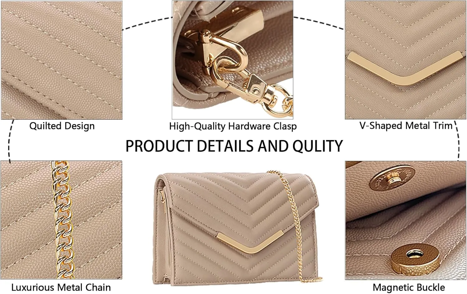 Women's Crossbody Bag - Vegan Leather Quilted Shoulder Purse,Detachable Chain Strap&Multi-Pockets for Everyday Use