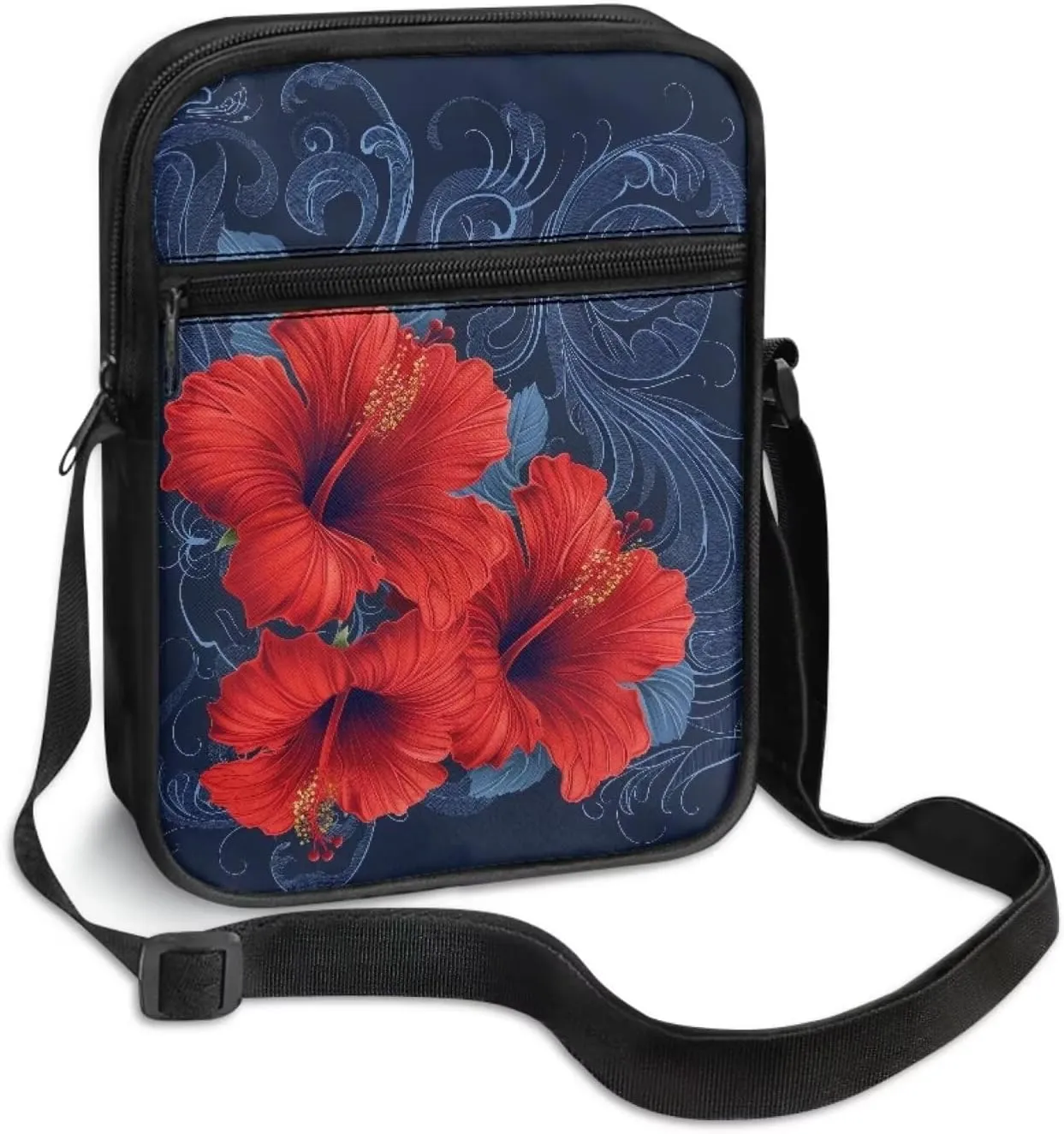 Women's Hibiscus Flower Crossbody Bag, Zip Small Messenger Shoulder Storage Bags