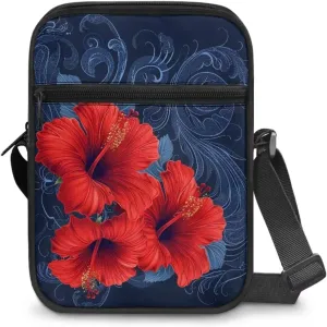 Women's Hibiscus Flower Crossbody Bag, Zip Small Messenger Shoulder Storage Bags