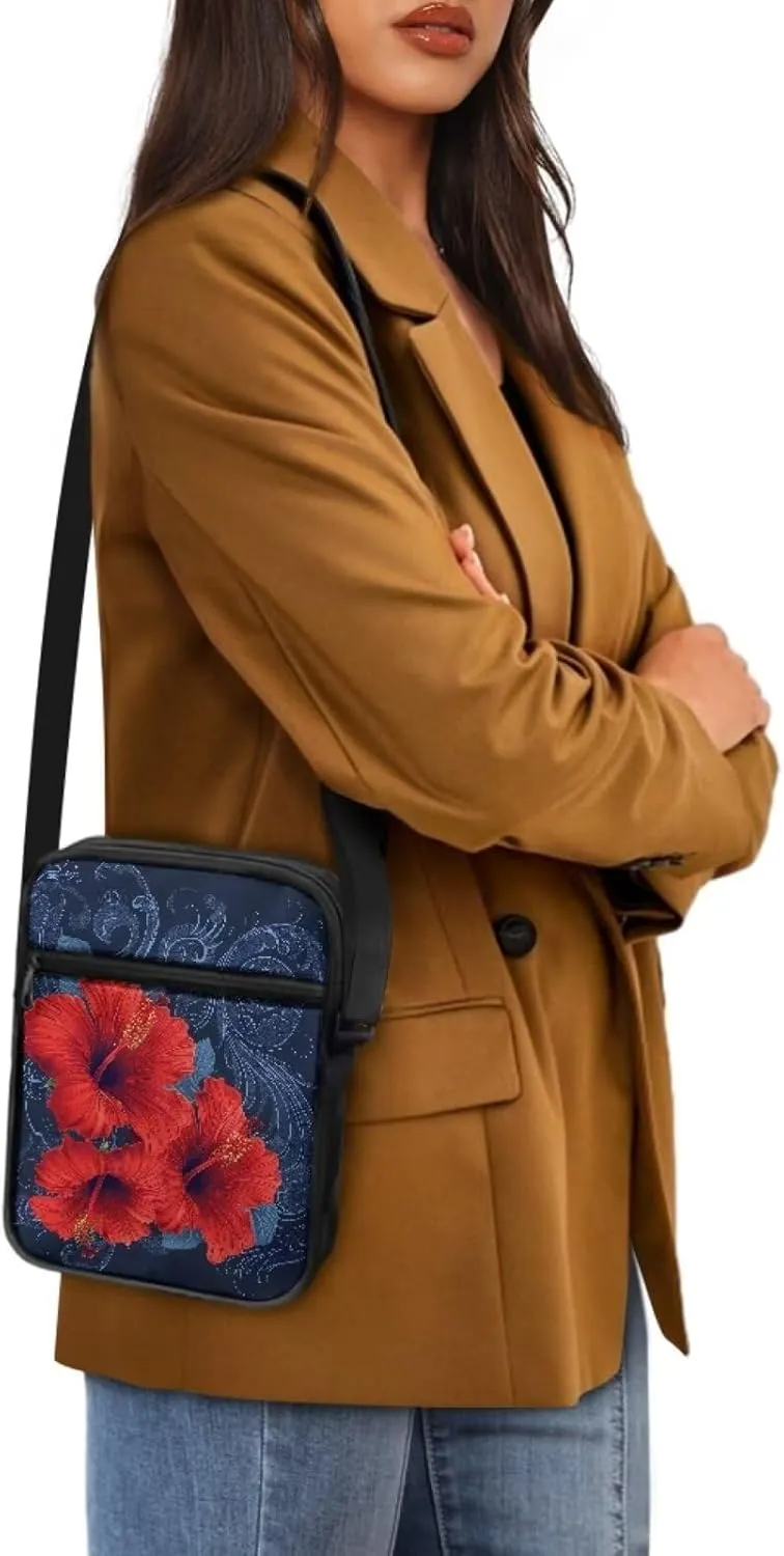Women's Hibiscus Flower Crossbody Bag, Zip Small Messenger Shoulder Storage Bags