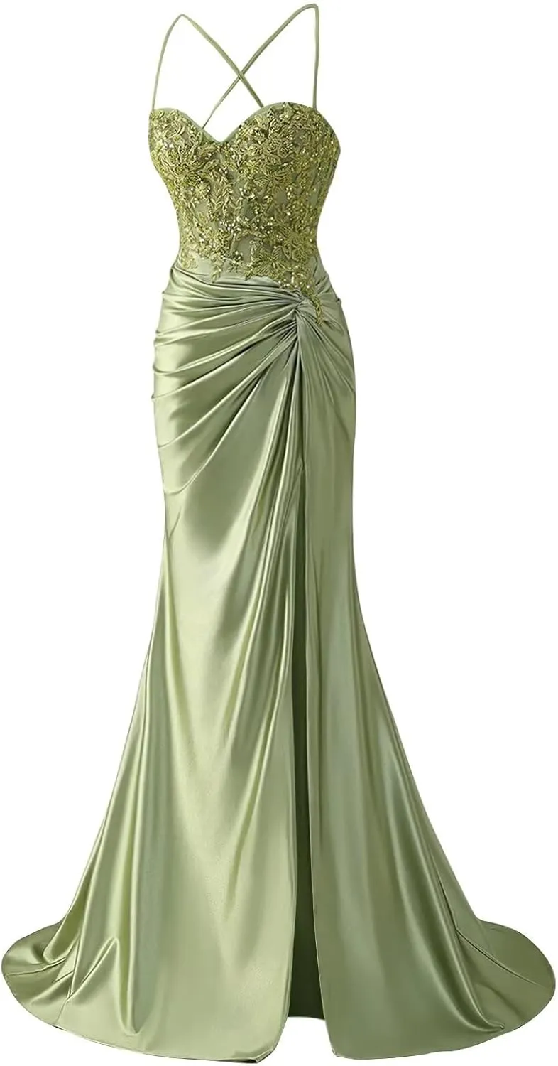 Women's Lace Applique Satin Prom Dress with Slit Mermaid Twist Corset Long Formal Gown