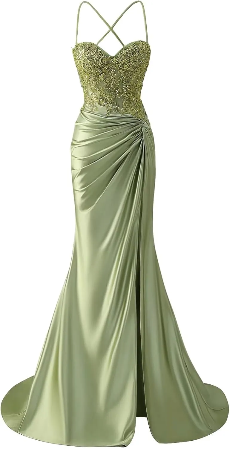 Women's Lace Applique Satin Prom Dress with Slit Mermaid Twist Corset Long Formal Gown