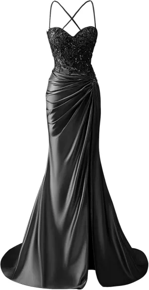 Women's Lace Applique Satin Prom Dress with Slit Mermaid Twist Corset Long Formal Gown