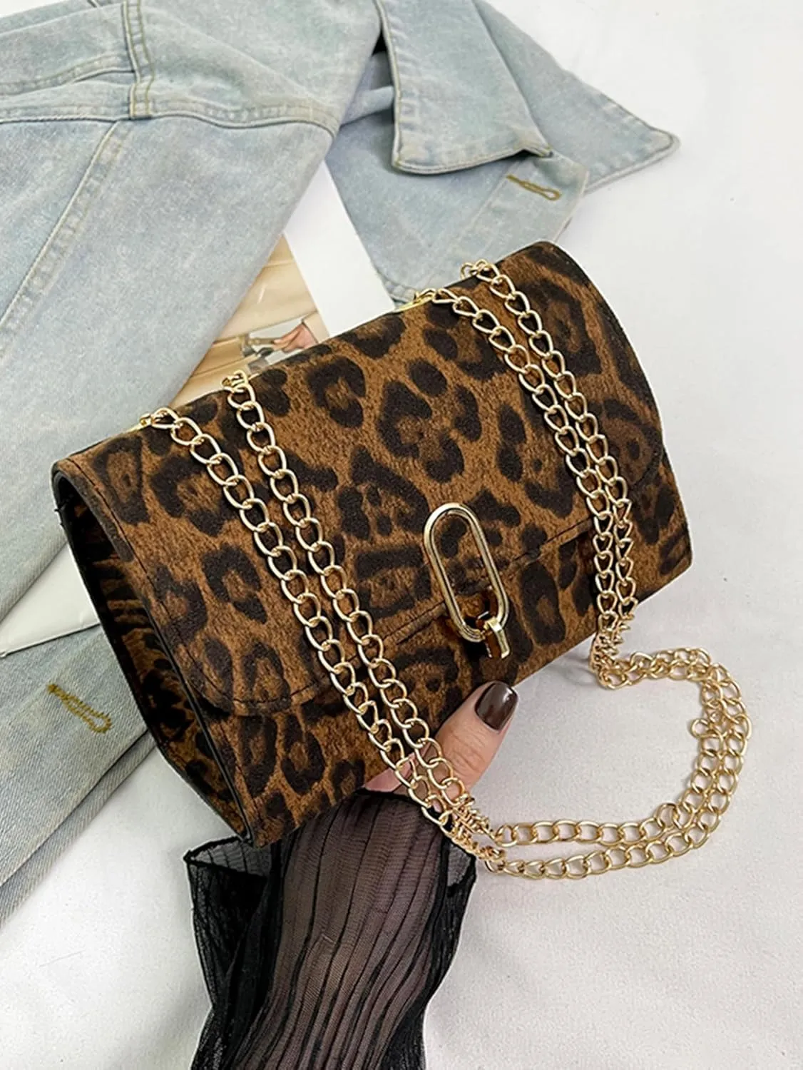 Women's Leopard Flap Y2K Shoulder Handbags Chain Strap Small Crossbody Bags Vintage Purse