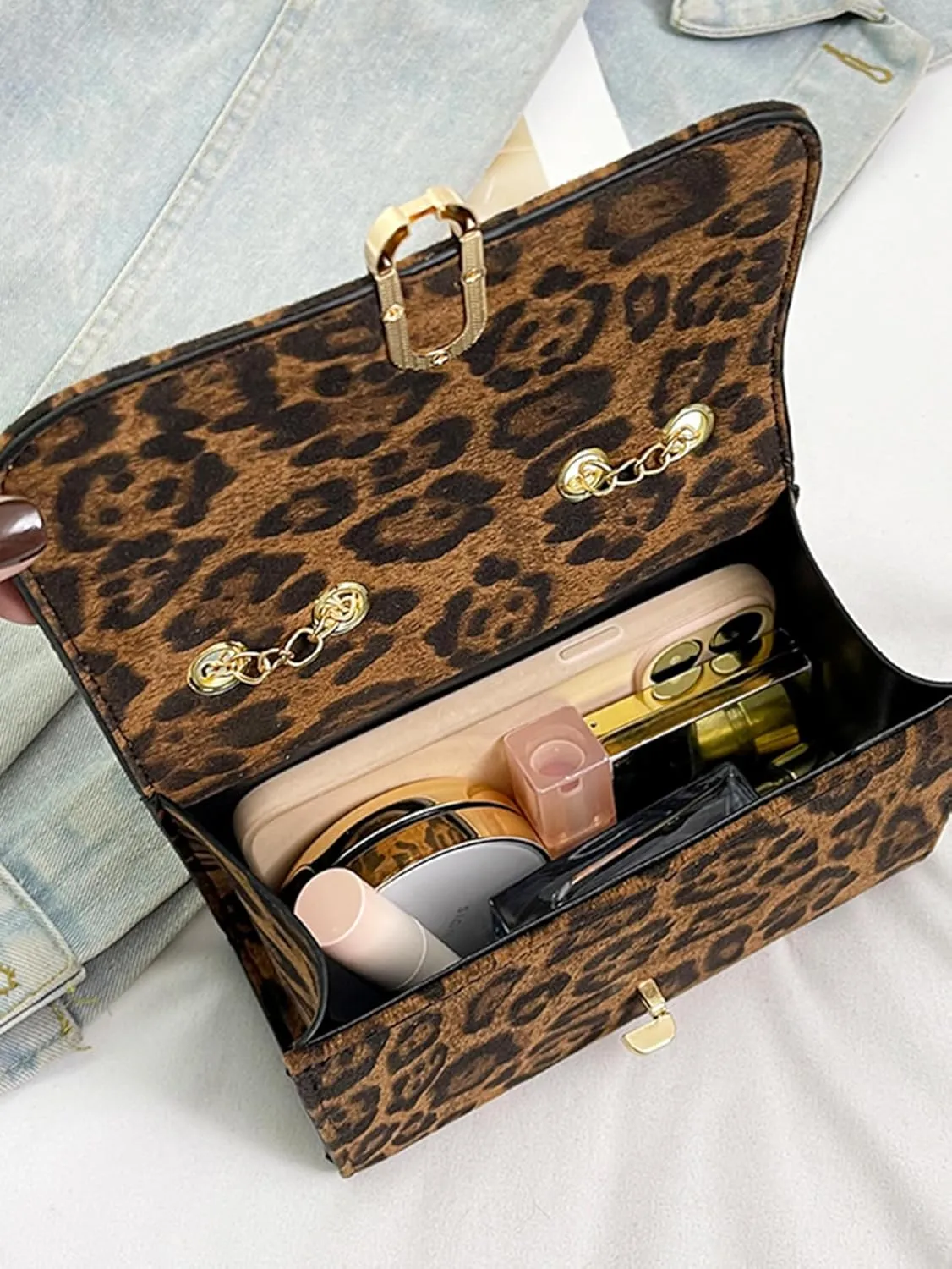 Women's Leopard Flap Y2K Shoulder Handbags Chain Strap Small Crossbody Bags Vintage Purse