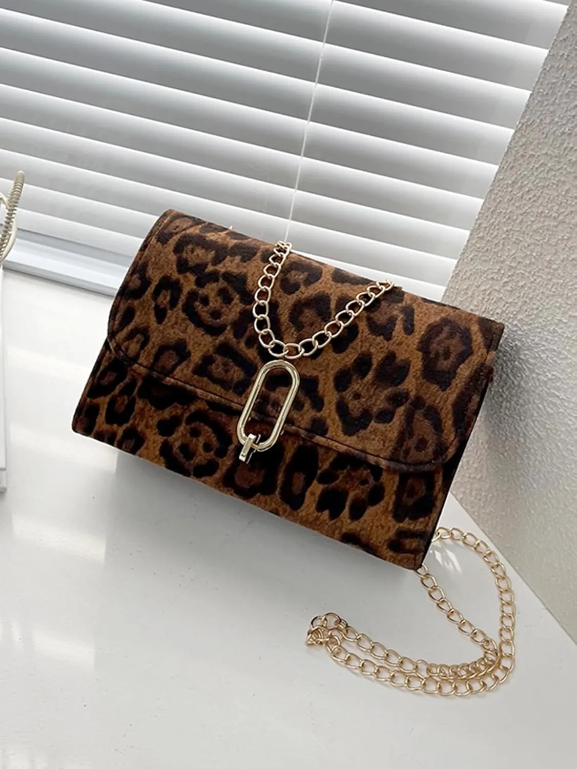 Women's Leopard Flap Y2K Shoulder Handbags Chain Strap Small Crossbody Bags Vintage Purse