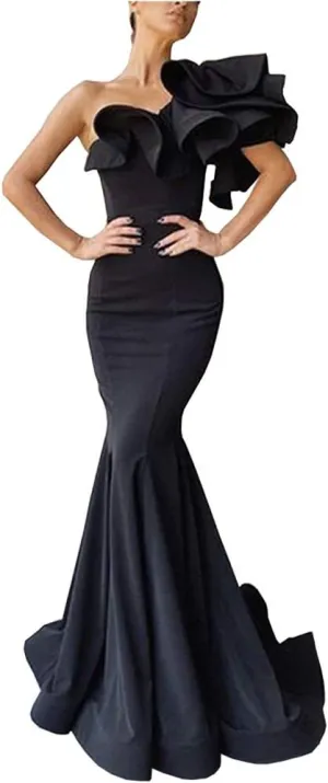 Women's Mermaid One Shoulder Ruffles Prom Dresses Evening Gowns