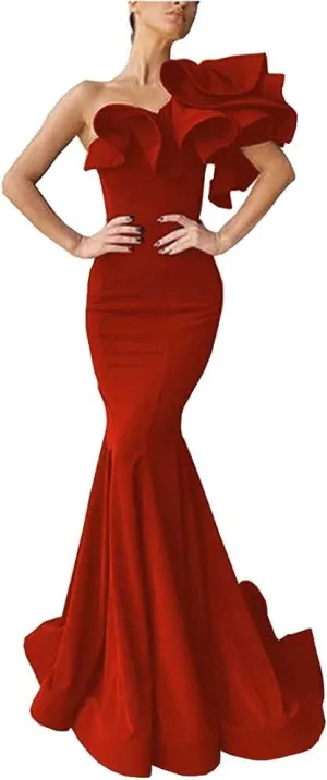 Women's Mermaid One Shoulder Ruffles Prom Dresses Evening Gowns