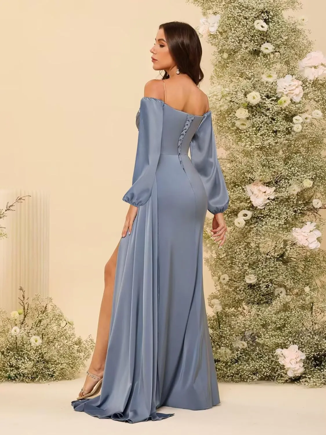 Women's Off Shoulder Long Sleeve Bridesmaid Dresses with Slit Satin Formal Prom Dress VS129