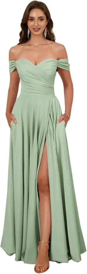 Women's Off The Shoulder Bridemaid Dresses Satin Formal Dress Maxi Evening Gown