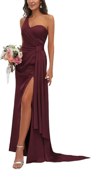 Women's One Shoulder Bridesmaid Dresses Waist Pleated Mermaid Prom Dresses Formal