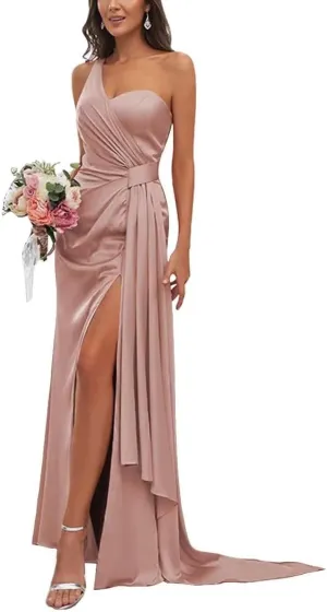 Women's One Shoulder Bridesmaid Dresses Waist Pleated Mermaid Prom Dresses Formal