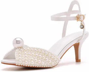 Women's Pearl Fish Mouth Ankle Strap Kitten Heel Sandals with Pendant Fashion Round Open Toe Dress Heels Wedding Shoes for Party Bride Evening