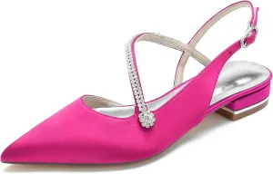 Women's Pointed Toe Beaded Satin Wedding Flats for Bride Comfortable White Bridal Shoes with Ankle Strap Prom Party Shoes Pumps