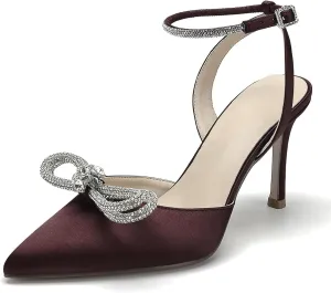 Women's Pointed Toe High Stilettos Satin Ankle Strap Crystal Pumps Wedding Bridal Party Dress Heeled Sandals