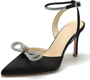 Women's Pointed Toe High Stilettos Satin Ankle Strap Crystal Pumps Wedding Bridal Party Dress Heeled Sandals