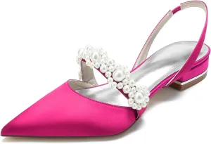 Women's Pointed Toe Satin Pearl Wedding Flats for Bride Comfortable White Bridal Shoes with Ankle Strap Prom Party Shoes Pumps