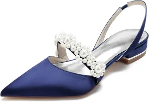 Women's Pointed Toe Satin Pearl Wedding Flats for Bride Comfortable White Bridal Shoes with Ankle Strap Prom Party Shoes Pumps