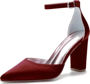 Women's Pointed Toe White Wedding Shoes for Bride High Heels Satin Bridal Shoes Ankle Strap Block Heels Prom Party Dress Pumps Shoes