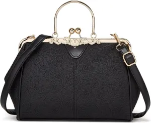 Women's Retro Handbag Kiss Lock Shoulder Purse PU Leather Tote Satchel with Lace