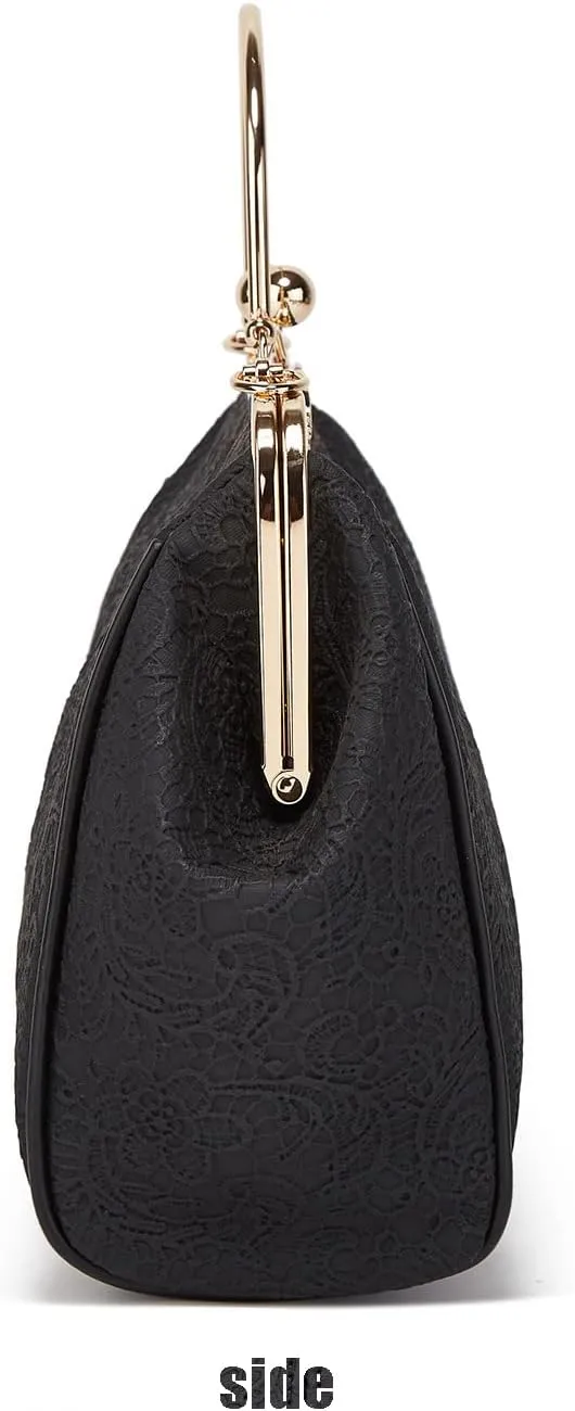 Women's Retro Handbag Kiss Lock Shoulder Purse PU Leather Tote Satchel with Lace