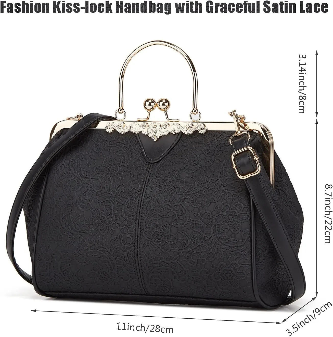 Women's Retro Handbag Kiss Lock Shoulder Purse PU Leather Tote Satchel with Lace