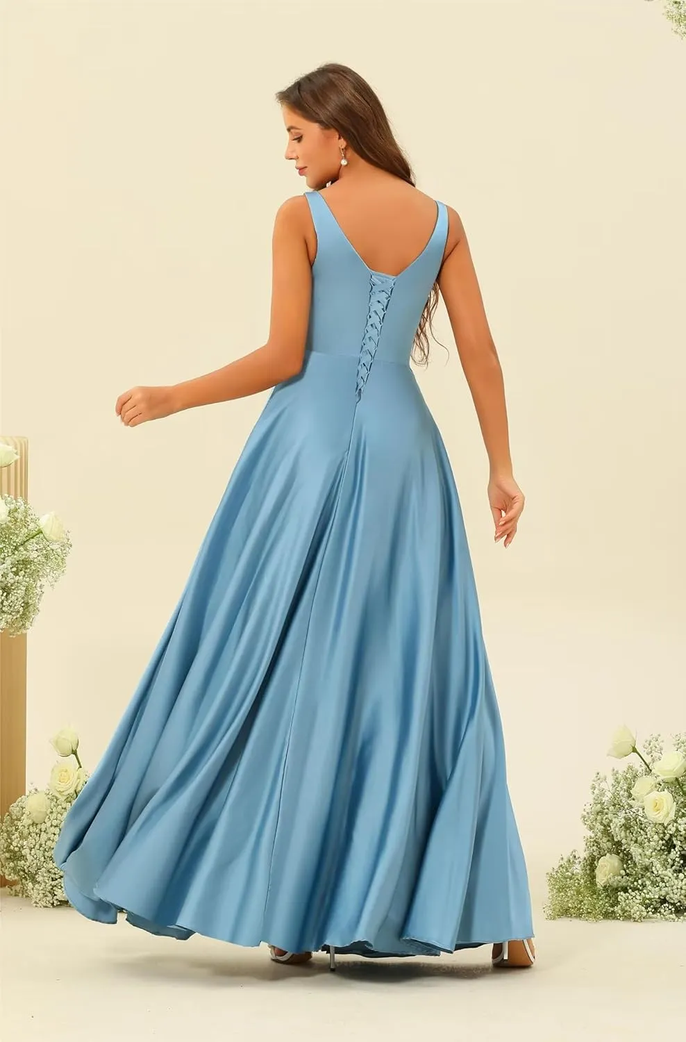 Women's Satin Bridesmaid Dresses Long V-Neck Ruched Formal Evening Gown with Pockets VS068