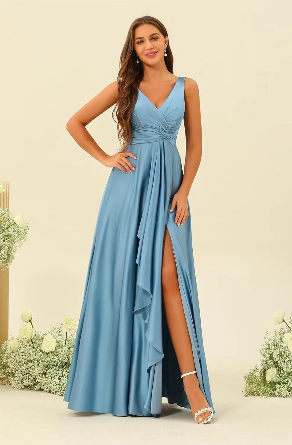 Women's Satin Bridesmaid Dresses Long V-Neck Ruched Formal Evening Gown with Pockets VS068