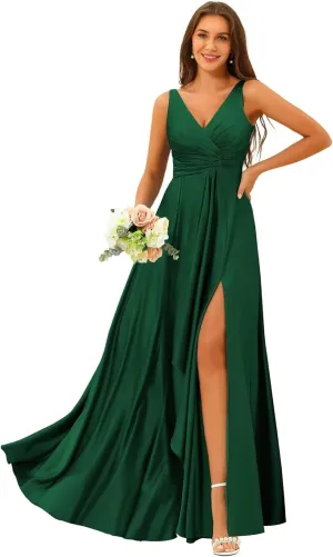 Women's Satin Bridesmaid Dresses Long V-Neck Ruched Formal Evening Gown with Pockets VS068