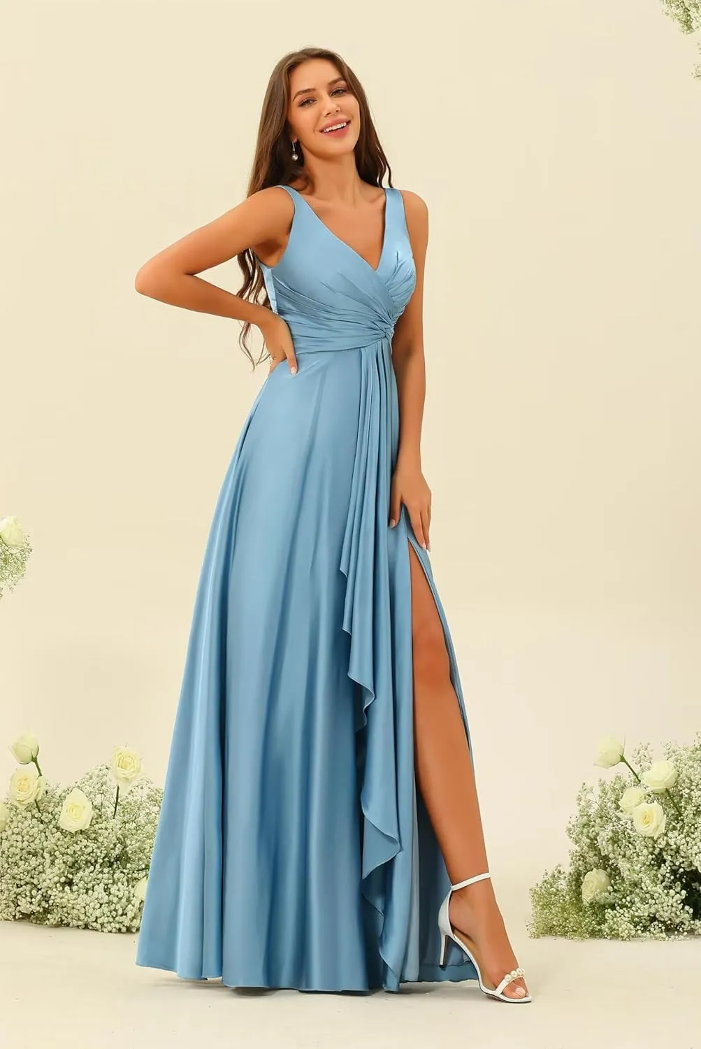 Women's Satin Bridesmaid Dresses Long V-Neck Ruched Formal Evening Gown with Pockets VS068