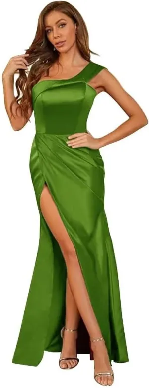 Women's Satin Bridesmaid Dresses One Shoulder Pleated Prom Dresses Mermaid Wedding Party Gowns with Slit
