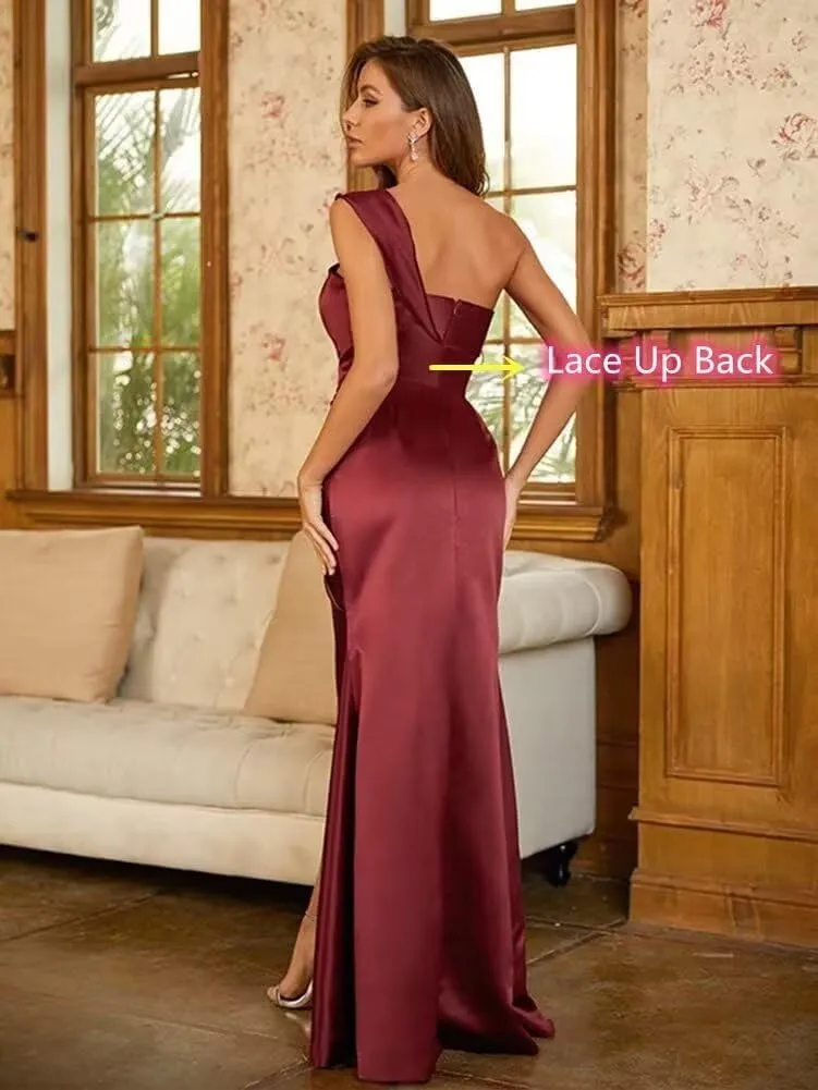 Women's Satin Bridesmaid Dresses One Shoulder Pleated Prom Dresses Mermaid Wedding Party Gowns with Slit