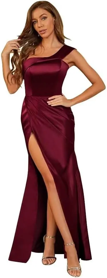 Women's Satin Bridesmaid Dresses One Shoulder Pleated Prom Dresses Mermaid Wedding Party Gowns with Slit