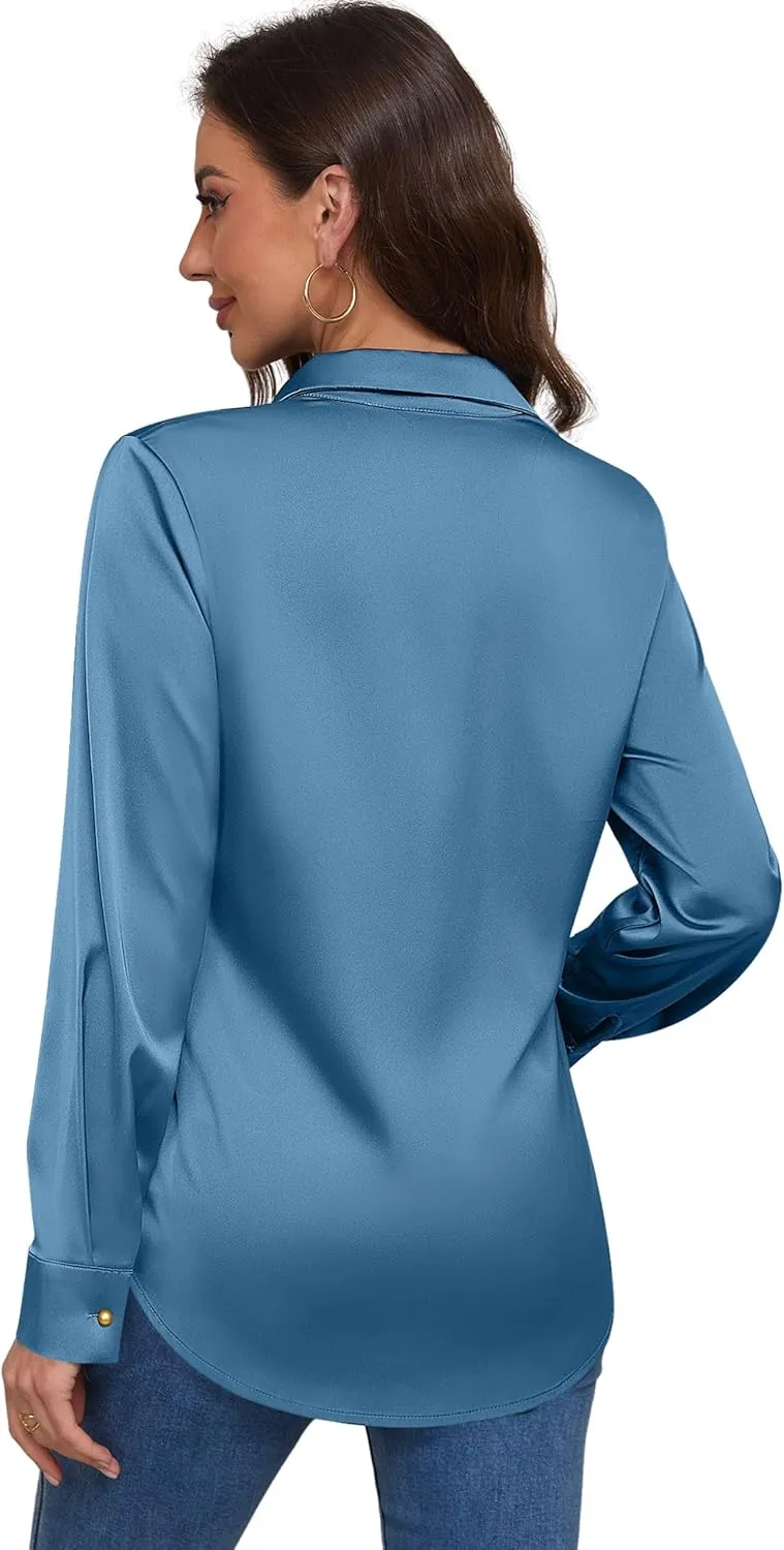 Women's Satin Button Down Shirts V-Neck Long Sleeve Tops Summer Business Office Silk Blouses Fashion Spring Shirt 2025