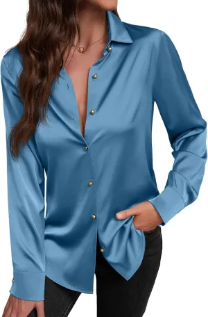 Women's Satin Button Down Shirts V-Neck Long Sleeve Tops Summer Business Office Silk Blouses Fashion Spring Shirt 2025