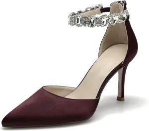 Women's Satin Closed Pointed Toe High Stilettos Crystal Ankle Strap Pump Shoes Wedding Bridal Party Dress Heeled Sandals